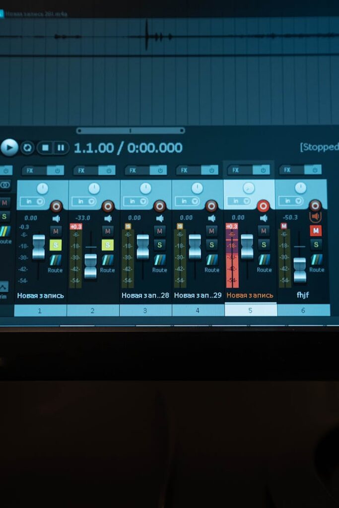 Close-up view of a digital audio mixer's screen with volume controls and sound levels.